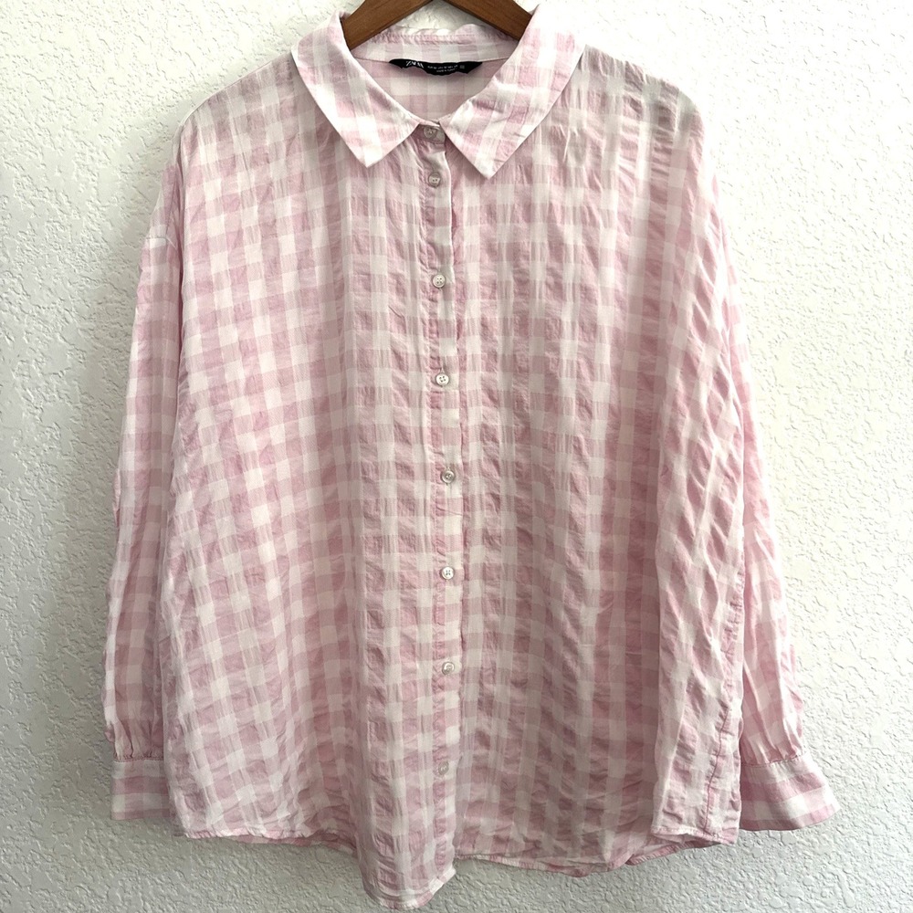 Zara Oversized Gingham Shirt Long Sleeve Women Size  M Pink/White  Blouse